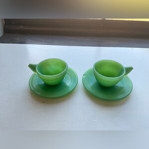 Vintage Lot of 2 Jadeite/Agate Miniature Child’s Tea Cups and Saucers
